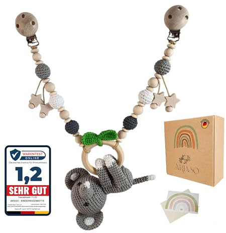 ARIASO® Kinderwagenkette aus Holz und Baumwolle gehäkelt Kinder Baby Spielzeug Holz Kette für Kinderwagen geeignet für Mädchen und Junge ab 0+ Monate inkl. Geschenkkarte (Elefant Grau)