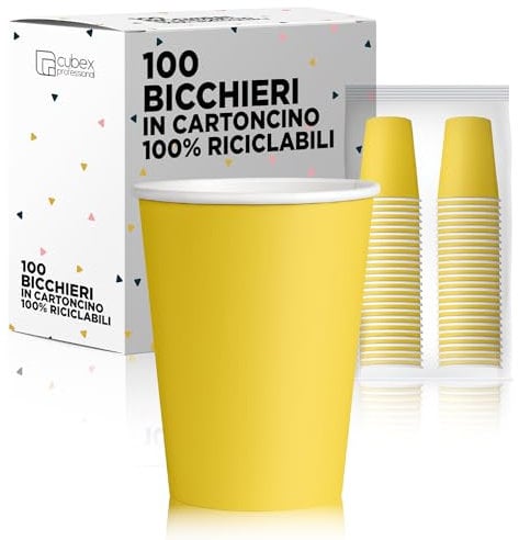 cubex professional 100 Bicchieri in Carta 200ml Biodegradabili Ed Ecologici Monouso, Per Asporto Bevande Calde E Fredde, Colorati E Made in Italy (100 Bicchieri, Giallo)