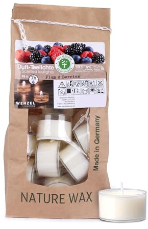 Wenzel Teelichter Duftkerze – 18 Duftteelichter Plum & Berries Duft - 7 h Brenndauer - 100% Naturwachs, Palmölfrei, Ohne Alu – Raumduft & Deko-Kerzen für Zuhause, Bar, Restaurant, Outdoor, Events