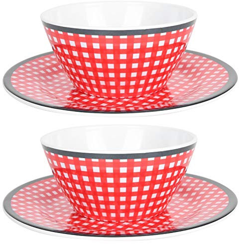 Juego De Vajilla De Melamina De 4 Piezas, Juego De Platos Y Tazones De Melamina A Cuadros Rojos, Plato De Comida De Porcelana De Imitación, Tazones De Pasta De Melamina, Platos De Cena De Plástico