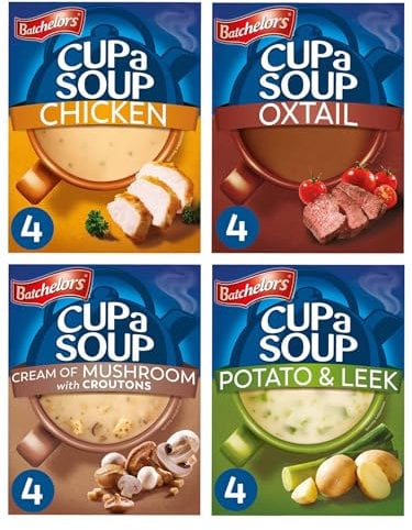 Instant Soup Bundle with Cup a Soup Chicken, Potato & Leek, Oxtail and Mushroom with Intrinsic Treats Shopping List Card (One Pack of Each Flavour – 16 Sachets Total)