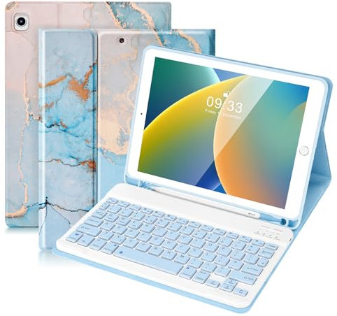 SOPPY Bluetooth Keyboard Case for iPad 7th/8th/9th Gen 10.2-inch, iPad Air 3 & Pro 10.5-Inch, Detachable Wireless Keyboard with Pencil Slot, Slim Protective Cover, Auto Sleep/Wake, Blue Marble