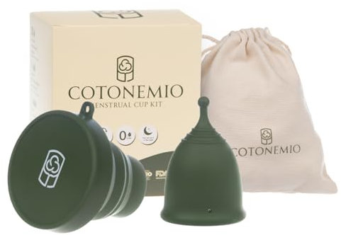 Cotonemio Menstruationstassen-Set Mit Sterilisator (3er-Pack) 100% Medizinisches Silikon Nachhaltig Ohne BPA, Plastikfrei Bis Zu 12 Stunden(Menstruationstasse Sterilisator Baumwollbeutel) (XS)