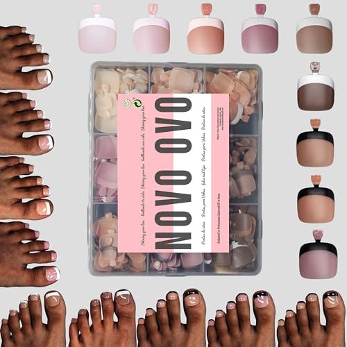 NOVO OVO Toe Nail French Tip Press on Combo, Mixed 9 Color Soft Gel Acrylic Fake toenail Extension kit, Medium Pre-applied Tip Primer & Base Coat, Full Cover Matte False Nils for DIY x 15 Sizes 270Pcs