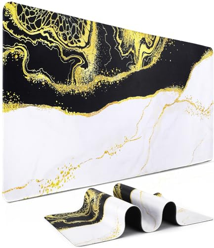 Gaming Mauspad Schreibtischunterlage Groß - 900x400x3 mm Mauspad mit Vernähten Kanten, Mousepad Desk Mat WassXerdicht Anti-Rutsch, Verbessert Präzision und Geschwindigkeit (Schwarz Weiß Gold Marmor)