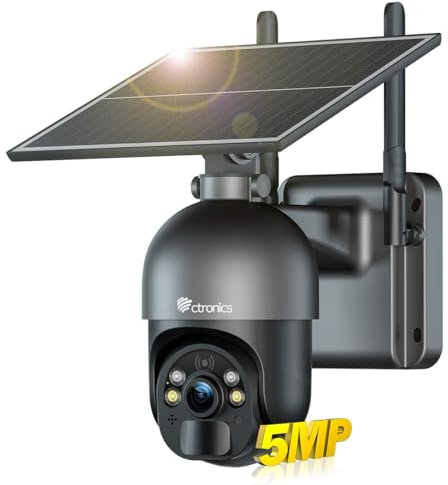 Ctronics 5MP Überwachungskamera Aussen mit 6W Solarpanel, Farbige Nachtsicht mit Spotlight, Solar WLAN Kamera Über PC/Smartphone, FTP/Cloud/128GB TF Kartenspeicher, 2.4GHz WiFi, PIR Personenerkennung
