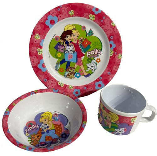 alles-meine.de GmbH 3 TLG. Set - Geschirr - Polly Pocket - Teller + Müsli Schale + Becher - Pollypocket Freunde Katzen Becher Trinkbecher Henkelbecher - Kunststoff Melamin Herz H..