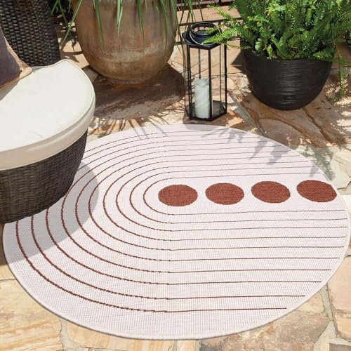 carpet city Outdoor Teppich Wetterfest 160 cm Rund - Creme-Rot - Wendeteppich, Beidseitiges Kreisförmiges Muster - Balkonteppich Wasserfest Outdoor - Terrassenteppich