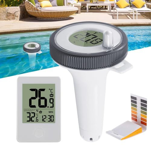 Thermomètre Piscine Connecté, TGKYK Thermomètre Piscine Flottant avec Température Ambiante, Fonction Horloge, Papier PH, Thermometre Piscine Sans Fil, Thermometre Piscine Digital pour Piscine