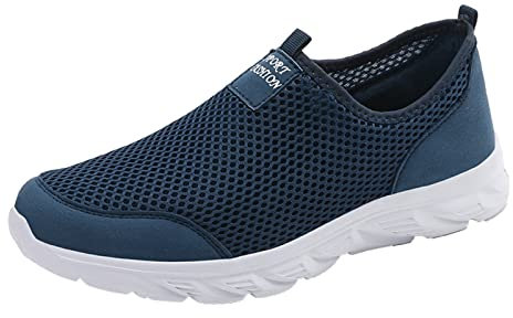 Zapatillas de correr transpirables para hombre, zapatillas ligeras sin cordones, zapatos deportivos con amortiguación para hombre, cómodos zapatos de malla para hombre, Blue, 41 EU
