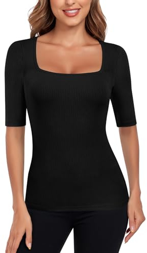 WOWENY Damen T-Shirt Halbarm Gerippt Slim Fit Basic Tee Shirts Eckigem Ausschnitt Kurzarm Pullover Tshirt Stretch Oberteile Casual Bluse Tops Shirt