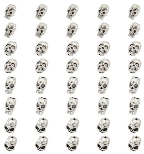 HOBBIESAY 40 Stück 4 Stile Antike Silberne Totenkopfperlen 8-12mm Totenkopfperlen Im Tibetischen Stil Legierung Totenkopf Lose Abstandsperlen Totenkopfkopfperlen Loch: 1.5-4mm