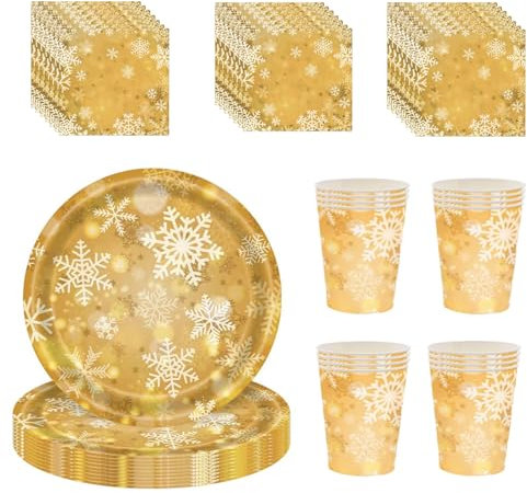 Christmas Party Gold Tableware Set Decor,20 Paper Napkins 16 Paper Cups 16 Paper Plates,Disposable Paper Snowflake Dinnerware Christmas Decor for Him,Her,Adults Party,Kids Xmas Party Favor Tableware
