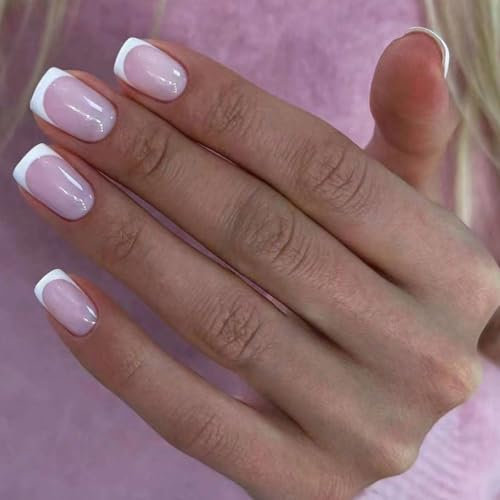 Ceboic 24 Pièces Ongles à Coller Court Carrés, Naturel Rose Faux Ongle Autocollants Bordure Blanc Français Press on Nails, Acrylique Reutilisable Ongles à Presser pour Femmes Filles