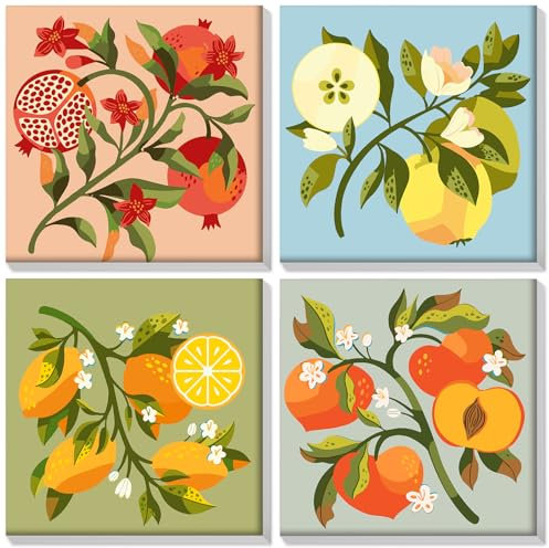 HEIBAGO Encadré Paint by Numbers pour Adultes, 4 Pack Fruit Paint by Numbers Canvas pour Débutants, DIY Kit de Peinture Fleur pour Débutants, Peinture par Numéros pour Décoration de la maison 8x8 inch