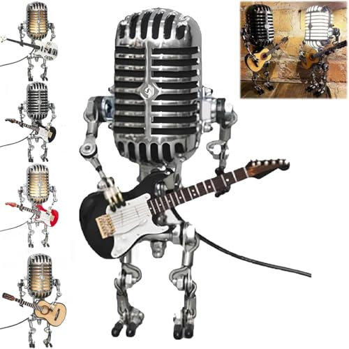 Ashopfun Vueeze Mic Rockbot,Sherum Mic Rockbot,Dotmalls Mic Rockbot,Retro Style Microphone Robot Table Lamp,Holding Guitare Vintage Night Light,MMicrophone Guitar Robot Lamp with Mini Guitar (Black)