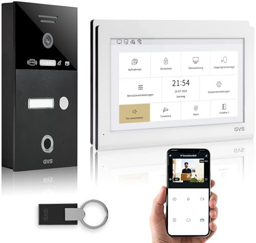 GVS - IP Video Türsprechanlage mit Türöffner, Fingerprint & RFID, HD Kamera, 2X 10 Zoll Monitor & App - Smarte Video Türklingel mit Kamera & Gegensprechanlage für 1 Familienhaus (AVS5446A)