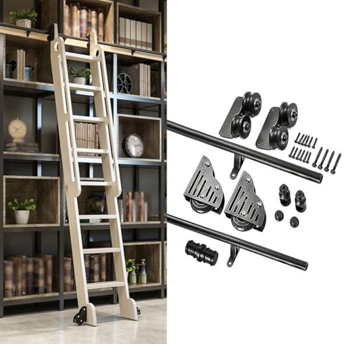 Rollbare Bibliotheksleiter-Hardware-Kit, 2 m lange Hochleistungs-Gleitschienen, keine Leiter, Gleitleiter-Hardware-Kit, mobiles Leiterschienen-Kit mit Bodenrollen, runde Schiene aus Karbonstahl