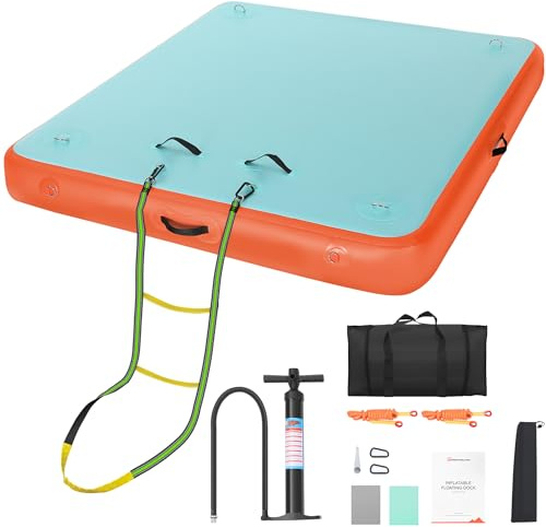 WARMOUNTS Inflatable Floating Dock, 10ft Air Dock Platform for Water Recreation, Inflatable Water Mat with Non-Slip Surface, Rope Ladder, Floating Island Raft for Ocean, Lake, River, Boat