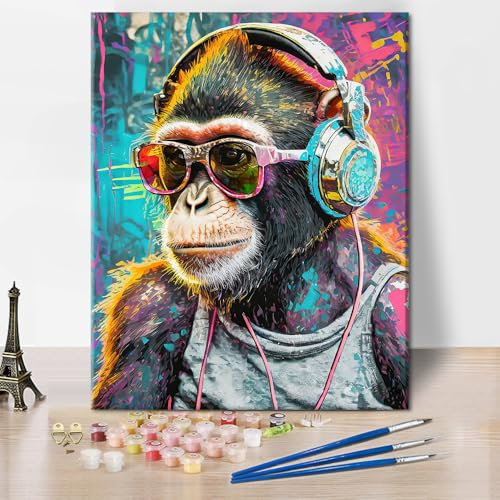 TISHIRON DJ Monkey Kit de peinture par numéros pour adultes - Peinture à l'huile par numéro - Motif singe animal - Avec 3 pinceaux - Sans cadre - 40,6 x 50,8 cm