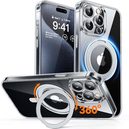 CANSHN 360° Ständer für iPhone 15 Pro Hülle mit Kameraschutz für Magsafe (Magnetischer Robust Standring), Transparent
