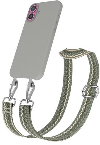 EAZY CASE - Hülle mit Band kompatibel mit iPhone 16 Plus Handyhülle für iPhone 16 Plus Schutzhülle Silikonhülle mit Handykette zum Umhängen 2in1 Hülle Handykordel Wellen - Grün Beige Metall Silber