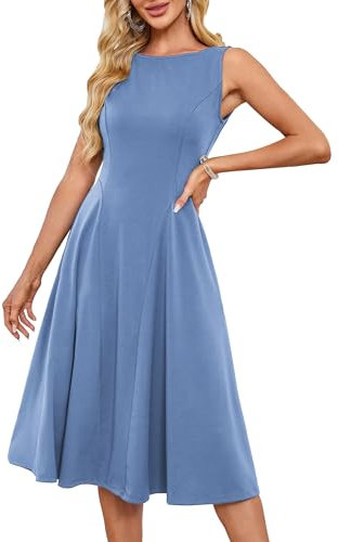 Damen Retro 1950er Partykleid A-Linie Swing Festliche Kleider Rundhals Ärmelloses Cocktailkleid Tailliertes Kleid Party Club Grau Blau L