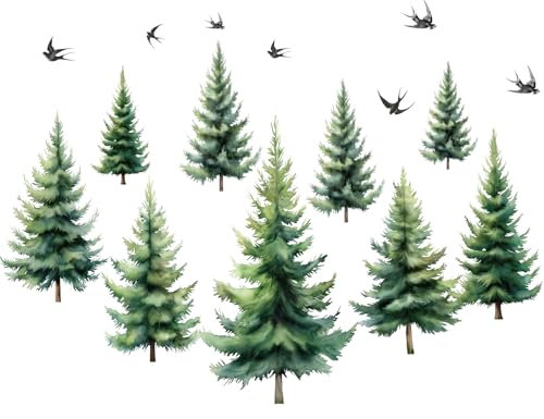 PLIGREAT 2 hojas acuarela pino bosque adhesivo de pared Peel and Stick adhesivo de pared verde árbol murales para habitación de los niños dormitorio sala de estar decoración de pared tamaño grande DIY