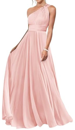 KURFACE Abiti da damigella d'onore da donna in chiffon monospalla per matrimonio una linea senza maniche lungo abito formale, Rosa cipria, 42
