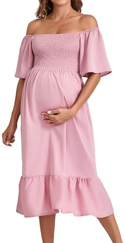 Robe épaule Dénudée Maternité Manche Courte Robe mi Longue Grossesse à Volants Ete Grande Taille Ample Enceinte Chic Pas Cher Shooting Photo (Rose, XL)