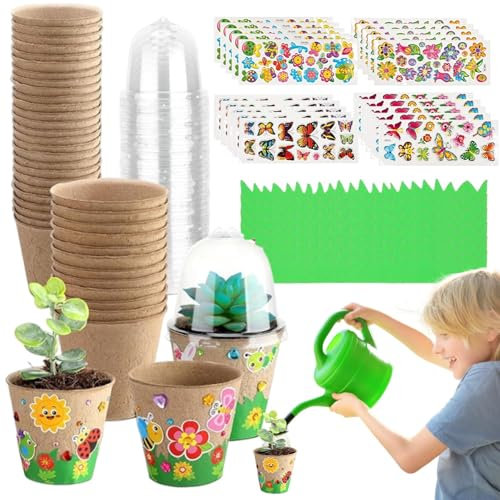 Keyubria Macetas Infantiles para Decorar | 30X Macetas Pequeñas con Cúpulas | Kit De Artesanía Manual para Jardinería con 20 Pegatinas Decorativas para Manualidades Y Decoración del Hogar