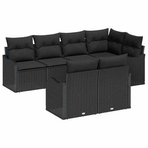 vidaXL 7-teiliges Gartensofa-Set mit Kissen – Schwarz, aus Poly Rattan. Stylisch und modular für den Außenbereich. UV-beständig. Bequemer Platz für bis zu 5 Leute. Perfekt für Patios und Balkone.
