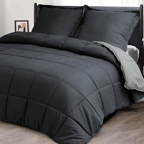 HIG Bettdecke 200x200 cm + 2 Kissenbezüge 80x80cm – Oeko-TEX zertifizierte graue Steppdecke, kastenförmig genäht – 1500g Daunenalternative (300GSM) weich & flauschig