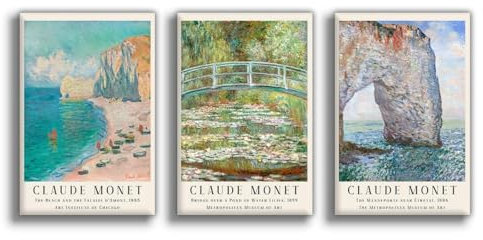 Claude Monet Prints Set of 3 Water Lilies Coastal Print, Monet Poster, Monet Exhibition, Monet Paintings, Beach House Decor, Modern Home Decor 12x18in