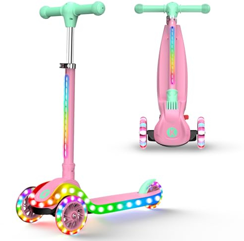 Kidscoter 3-Rad Tretroller mit LED-Beleuchtung, Höhenverstellbar & Klappbar für Kinder 3-12 Jahre, Leuchtende Lenkstange & Deck, Max. 60 kg, Geschenk für Jungen/Mädchen