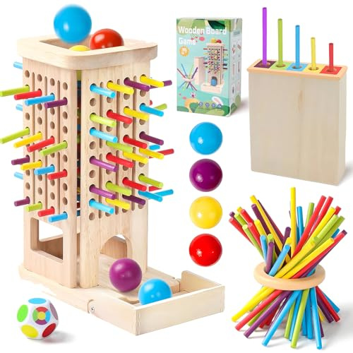 Wooden Tower Sticks Game, 3 IN 1 Brettspiele Lernspiele, Colorful Dice Patience Trainer Set, Montessori Spielzeug ab 3 Jahre Farbe Lernturm Spielzeug, zur Entwicklung Feinmotorik Logisches Denken