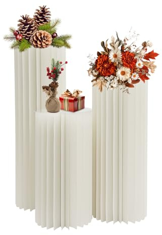 FROPIJ Lot de 3 vases colonnes de fleurs en carton pour mariage, supports de fleurs, colonnes décoratives pliables avec plaques en PVC, centres de table cylindriques créatifs pour mariage, fête