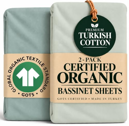 2 Pack Organic Bedside Crib Sheets 44 x 80 cm Fitted, Thick GOTS Cotton | Thick Aegean Cotton, Luxuriously Cloud-soft, GOTS Certified Organic Crib Fitted Sheets for an 80x44 cm Bedside Crib Mattress