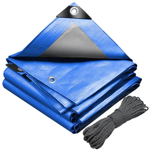 VOUNOT® Lona Impermeable Exterior 6x8m, Toldo Reforzado PE 180 g/m² Protección contra UV, con Ojales de Acero Inoxidable y Cuerda, para Leña, Muebles, Jardín, Piscinia, Vehículos, Azul-Plata
