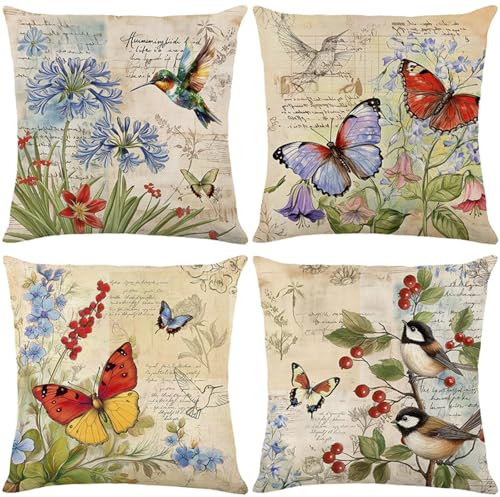 BREASOME Kissenbezug 45x45 cm 4er Set Kissenbezüge Vögel Schmetterling und Blumenmuster Kissenhülle Dekorative Sofakissen Dekokissen Zierkissenbezug für Sofa Couch Wohnzimmer Schlafzimmer
