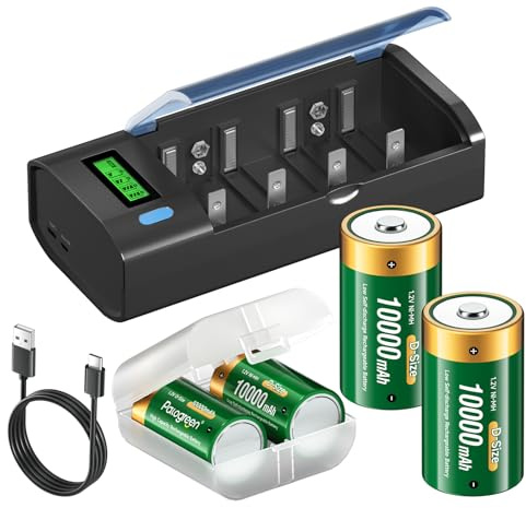 Palogreen 10000mAh Mono D Battery With Universal Charger For AA AAA C D 9V Battery, 4 Pieces Lr20 D Cell Battery With Type C Input LCD Display Battery Charger