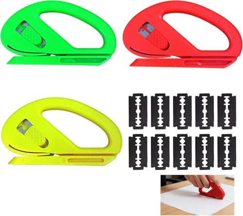 3 Stück Geschenkpapier Schneider, Mini Papierschneider Geschenkpapier mit 10 Ersatzklingen, Gift Wrap Cutter für Rollen Wrapping Paper Cutters für Geburtstage Feiertage Bastelpapier, 3 Farben