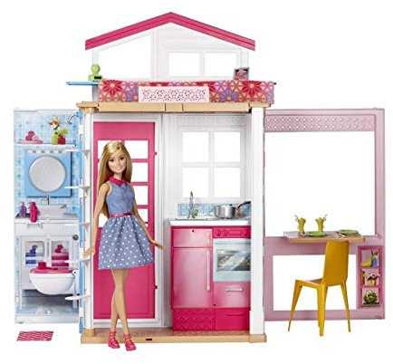 Barbie- Casa a 2 Piani con Bambola e Tanti Accessori, Giocattolo per Bambini 3+ Anni, DVV48, multicolore
