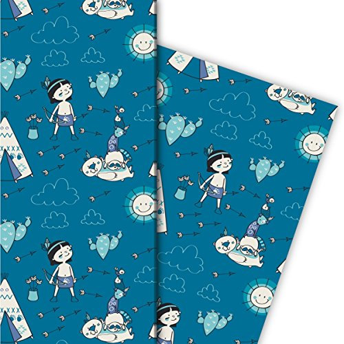 Tolles Kinder Geschenkpapier Set (4 Bogen), Dekorpapier, Papier zum Einpacken mit Indianer Waschbär Zelt und Biber, blau, für tolle Geschenk Verpackung und Überraschungen 32 x 48cm