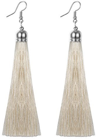 Flongo Damen Ohrringe, Lange Tropfen Troddel Quasten Kugel Anhänger Ohrring Baumeln Böhmische Ohrringe Ohrstecker Ohrhänger Weiß Troddel Damen Frauen