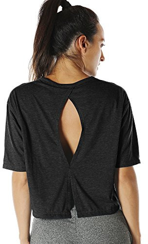 icyzone Sport T-Shirt Damen Fitness Kurzarm Shirt Rückenfrei Yoga Crop Top Oberteile Loose Fit (M, Black)