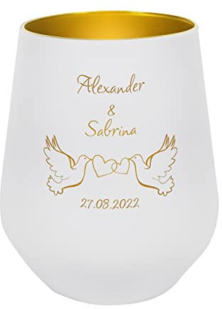 Herz & Heim® Weißer Teelichthalter zur Hochzeit mit Gravur - Tauben - mit Namen der Liebenden und Datum für die Hochzeitstafel