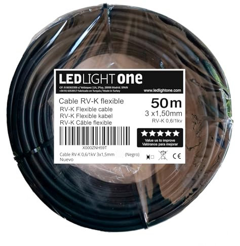 Led Light One Cavo RV-K 0,6/1 Kv 3x1,5 mm 50 m (nero) Tensione di servizio: 1000 V Temperatura massima di lavoro 90°. Cavi per installazioni interne ed esterne, in aria, in tubo o sepolto.