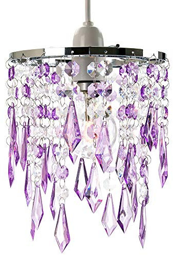 Modern Waterfall Design Easy Fit Pendant Shade with Clear/Purple Acrylic Droplets and Beads - Chrome Metal Rings - 16cm Diameter by Happy Homewares