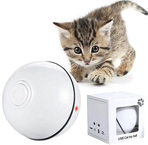Katzenspielzeug Interaktiv Automatisch Sich Drehender Ball, USB Wiederaufladbares LED Licht Haustier Unterhaltungskugeln für den Innenbereich, Übungsbälle Pet Chaser Spielzeug für Kätzchen (Weiß)